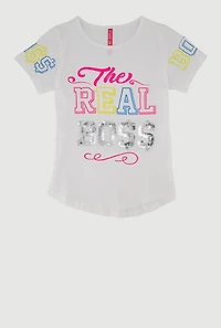 Girls Sequin The Real Boss Graphic Tee,