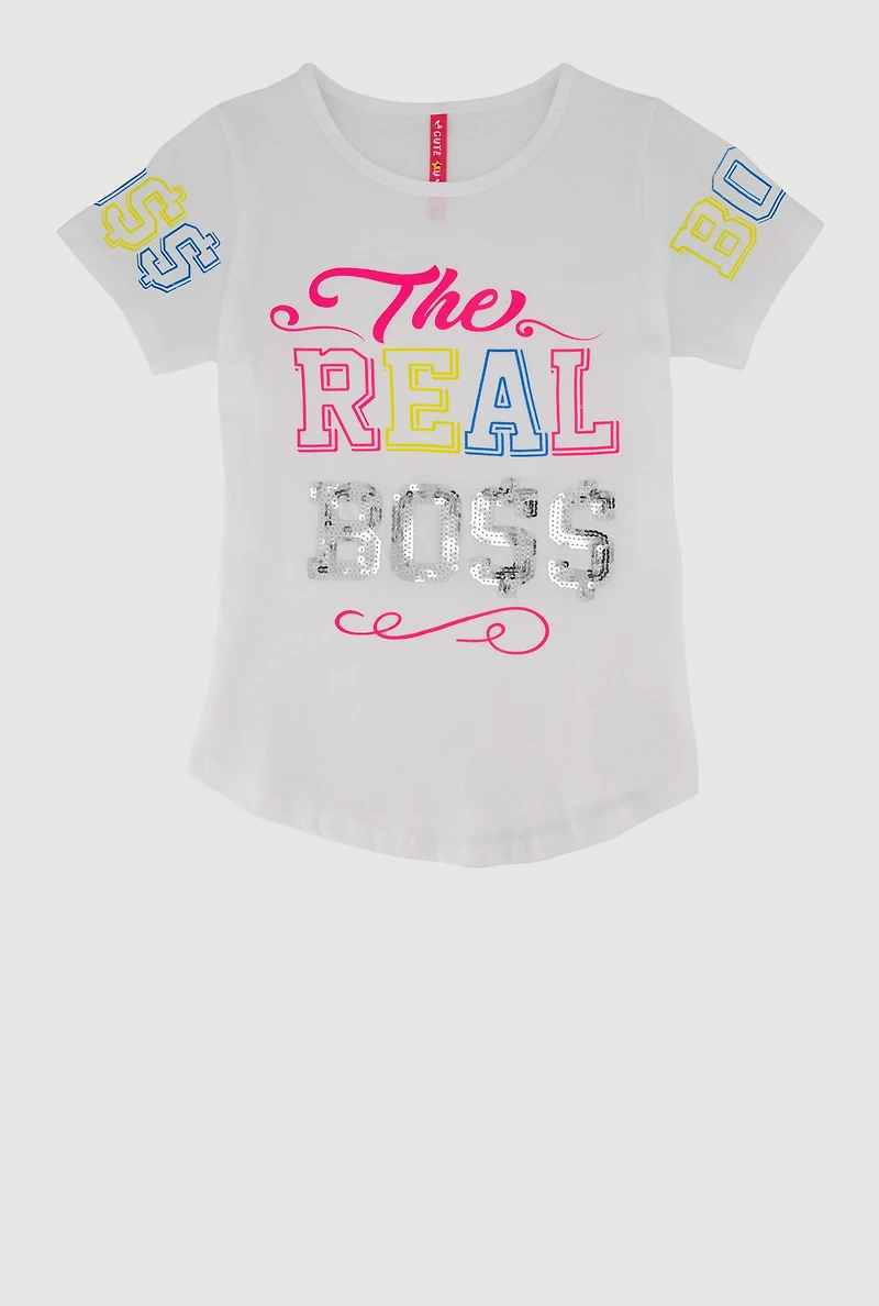 Girls Sequin The Real Boss Graphic Tee,