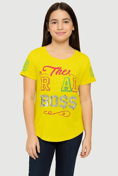 Girls Sequin The Real Boss Graphic Tee, Yellow, Size 10-12