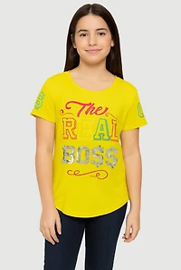 Girls Sequin The Real Boss Graphic Tee, Yellow,