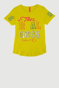 Girls Sequin The Real Boss Graphic Tee, Yellow, Size 10-12