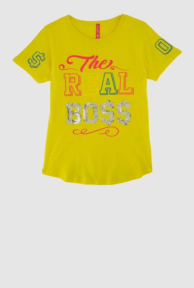 Girls Sequin The Real Boss Graphic Tee, Yellow,