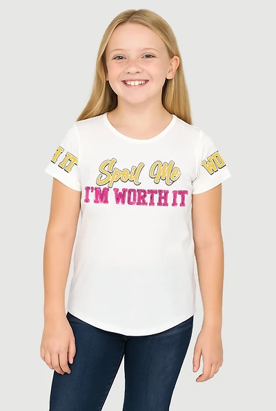 Girls Sequin Spoil Me Im Worth It Graphic Tee, White,
