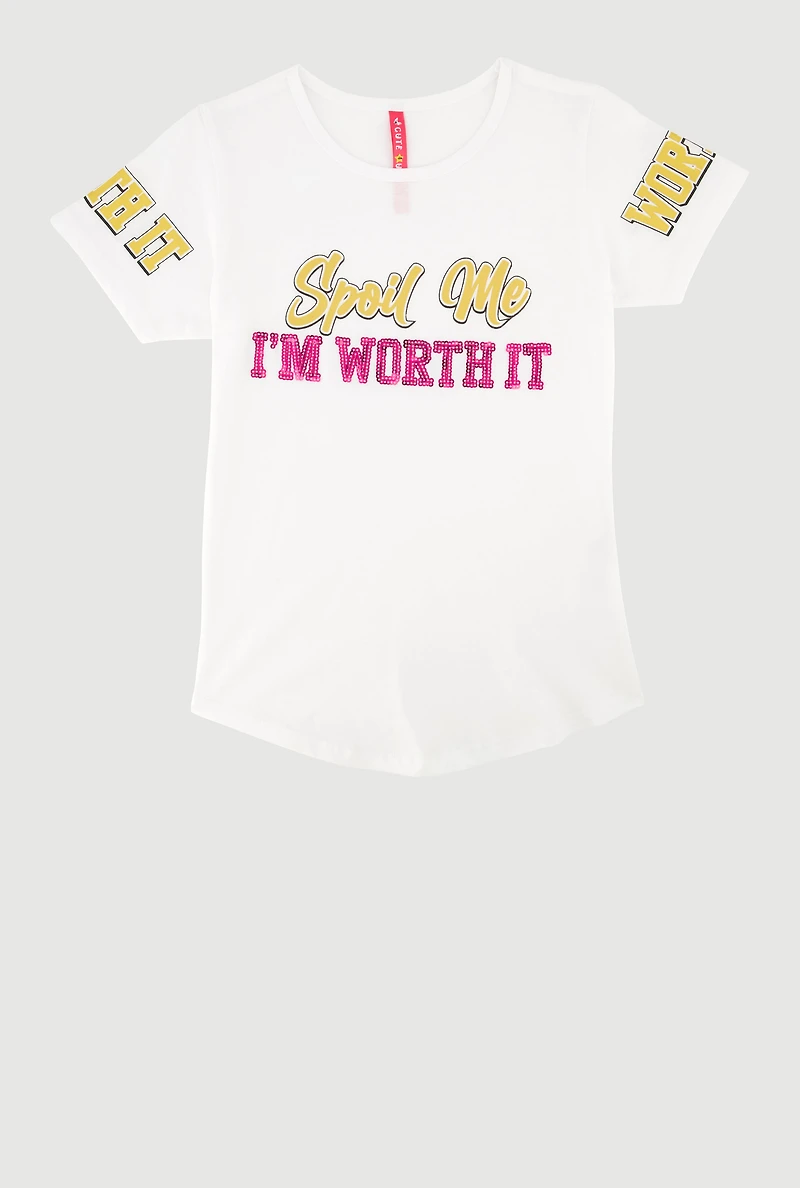 Girls Sequin Spoil Me Im Worth It Graphic Tee, White, Size 7-8