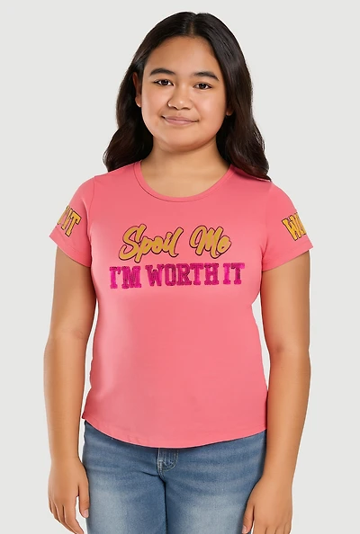 Girls Sequin Spoil Me Im Worth It Graphic Tee, Pink,