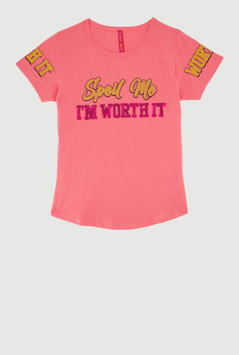 Girls Sequin Spoil Me Im Worth It Graphic Tee, Pink, Size 7-8