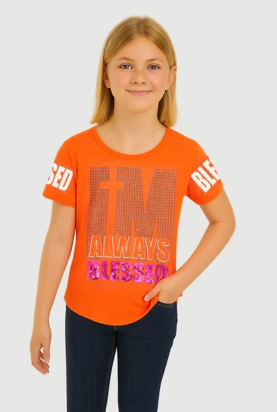 Girls Always Blessed Sequin Graphic Tee, Orange, Size 7-8