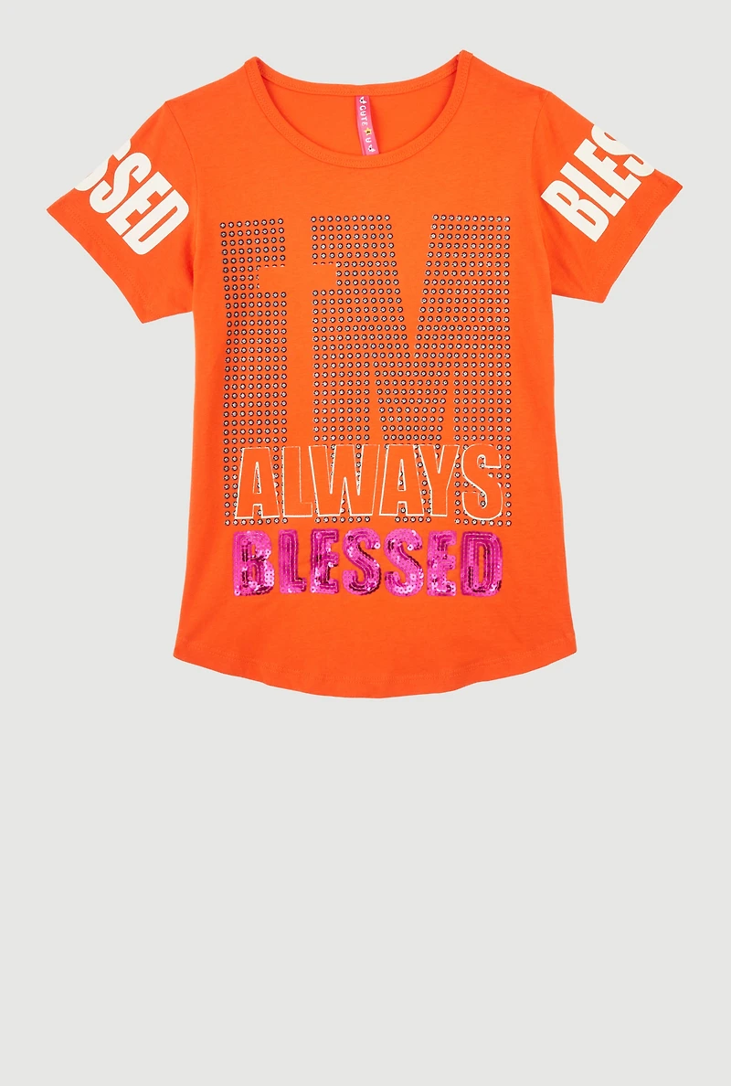 Girls Always Blessed Sequin Graphic Tee, Orange, Size 7-8