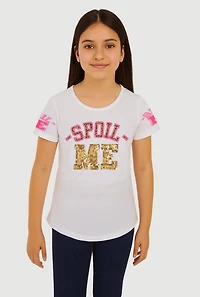 Girls Sequin Spoil Me Graphic Crew Neck T-Shirt, White, Size 7-8
