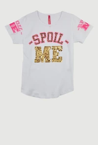 Girls Sequin Spoil Me Graphic Crew Neck T-Shirt, White,
