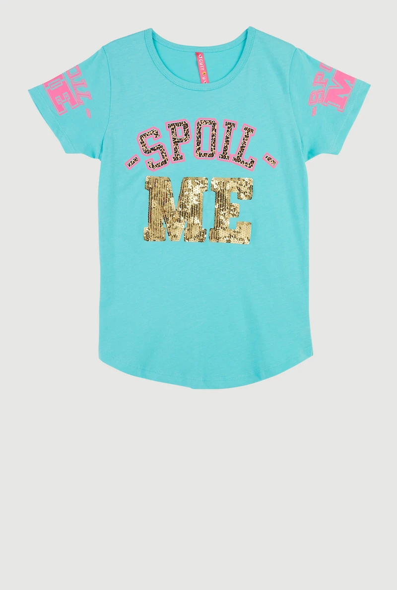 Girls Sequin Spoil Me Graphic Crew Neck T-Shirt,
