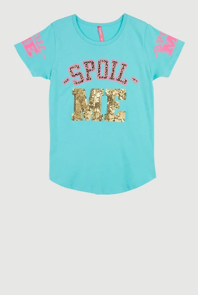 Girls Sequin Spoil Me Graphic Crew Neck T-Shirt,