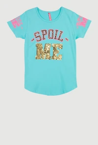 Girls Sequin Spoil Me Graphic Crew Neck T-Shirt,