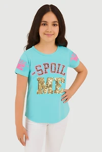 Girls Sequin Spoil Me Graphic Crew Neck T-Shirt