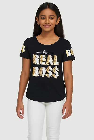 Girls Sparkly Sequin The Real Boss T Shirt, 7-8
