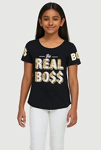 Girls Sparkly Sequin The Real Boss T Shirt, 7-8