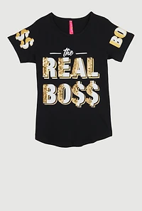 Girls Sparkly Sequin The Real Boss T Shirt, Black, Size 7-8