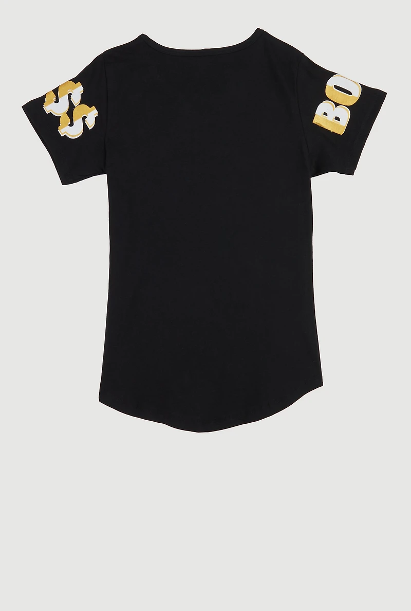 Girls Sparkly Sequin The Real Boss T Shirt, 7-8
