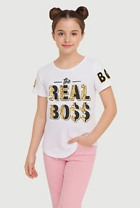 Girls Sparkly Sequin The Real Boss T Shirt, White, Size 7-8