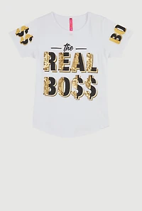 Girls Sparkly Sequin The Real Boss T Shirt, White, Size 7-8