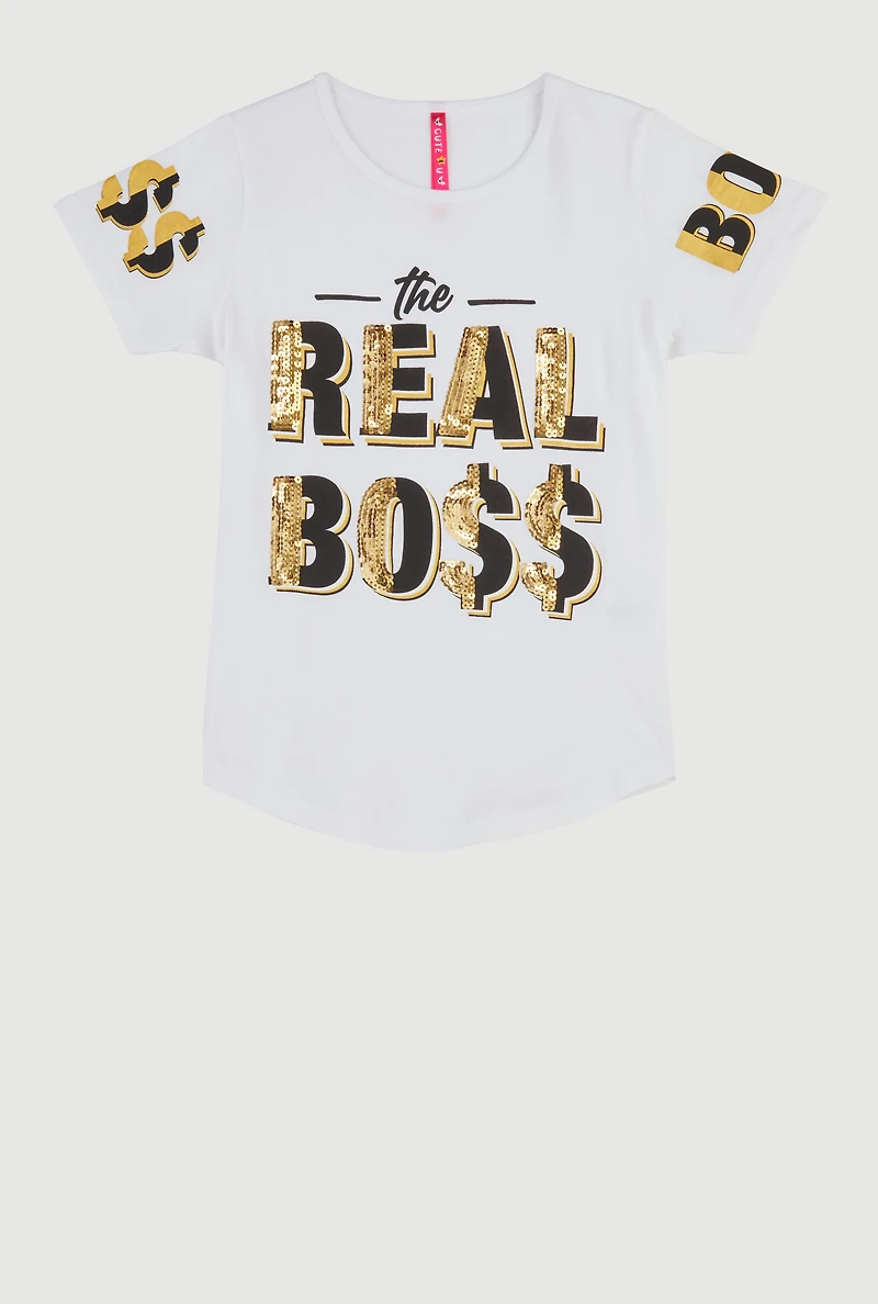 Girls Sparkly Sequin The Real Boss T Shirt, White, Size 7-8
