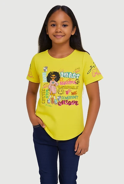 Girls Sequin Unique Graphic Short Sleeve T Shirt, Yellow,