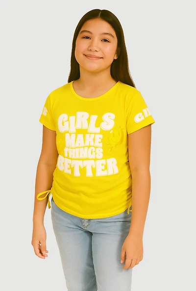 Girls Makes Things Better Graphic Ruched Tee, Yellow,