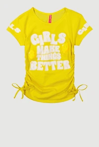 Girls Makes Things Better Graphic Ruched Tee, Yellow, Size 14-16