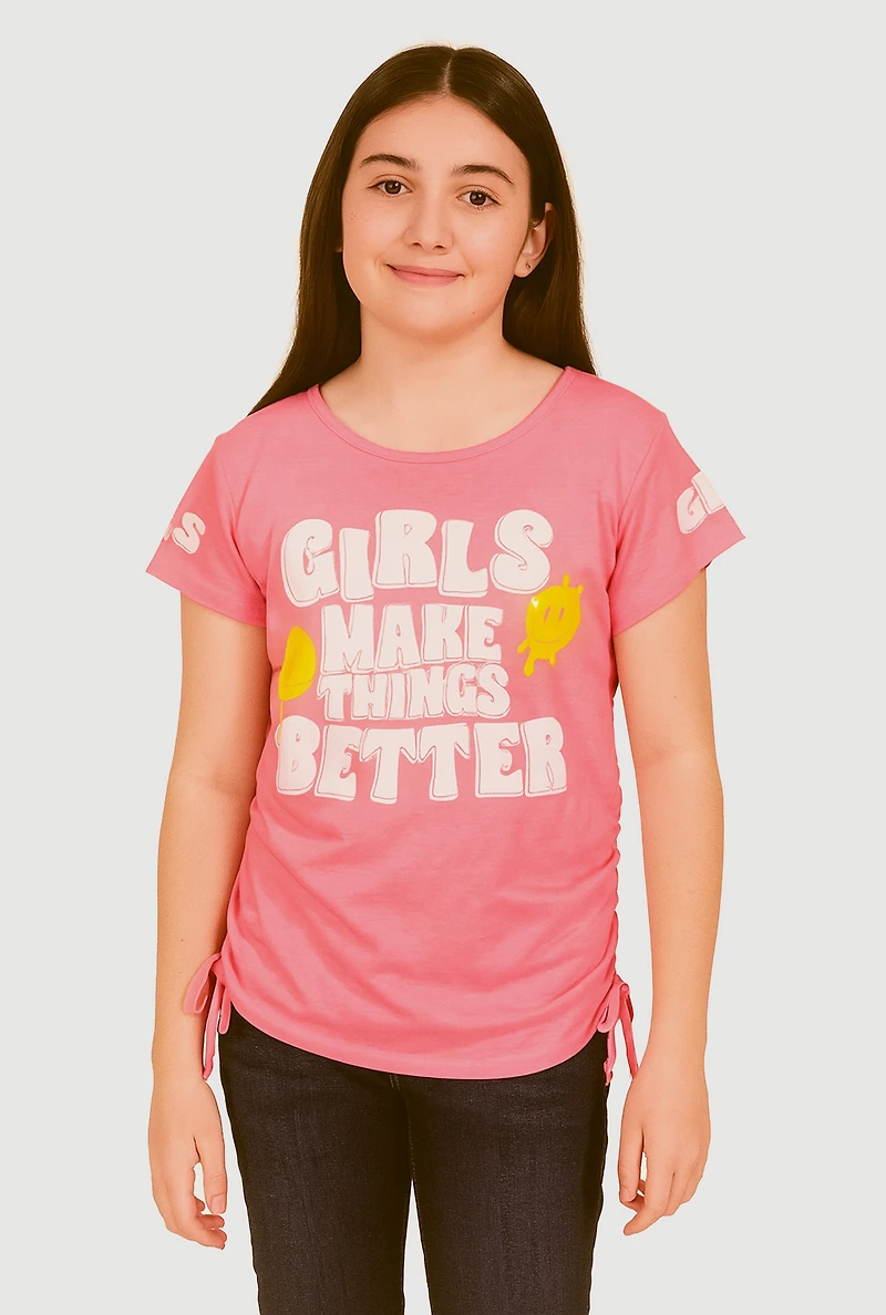 Girls Makes Things Better Graphic Ruched Tee, Pink, Size 10-12