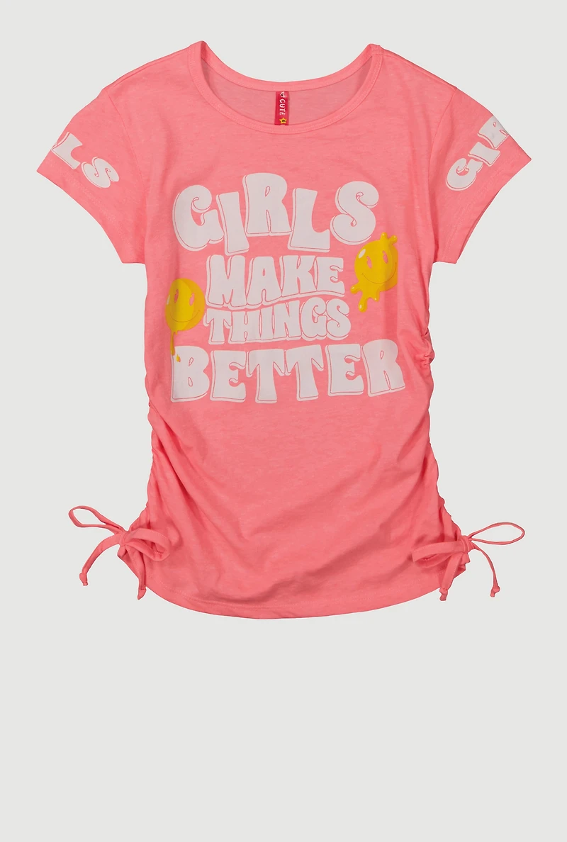 Girls Makes Things Better Graphic Ruched Tee, Pink, Size 14-16