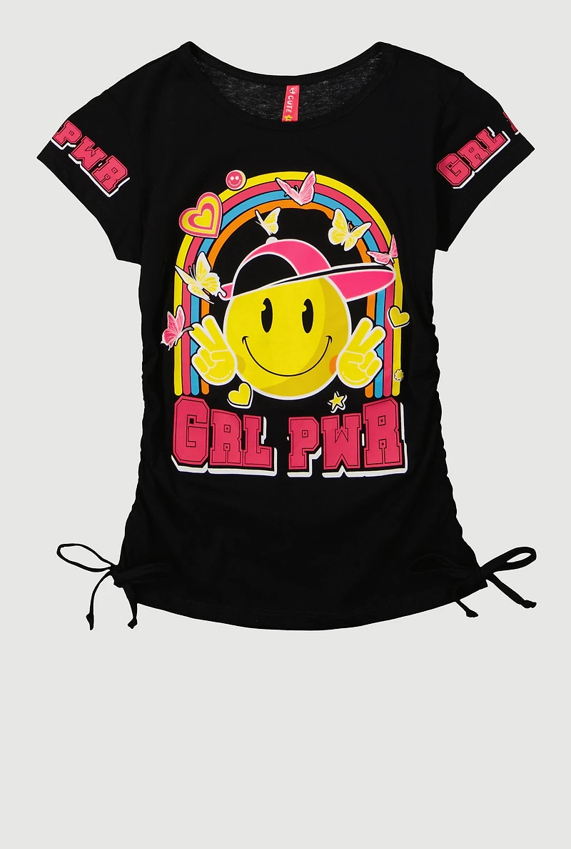 Girls Grl Pwr Ruched Side Graphic Tee, Black,