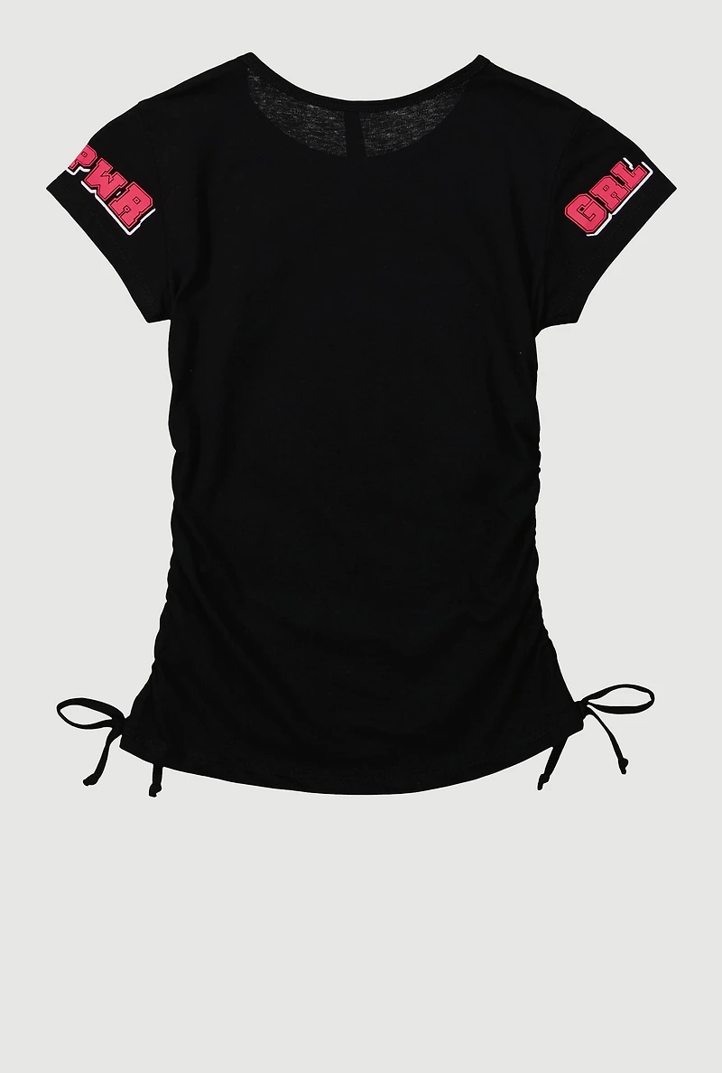 Girls Grl Pwr Ruched Side Graphic Tee, Black, Size 7-8
