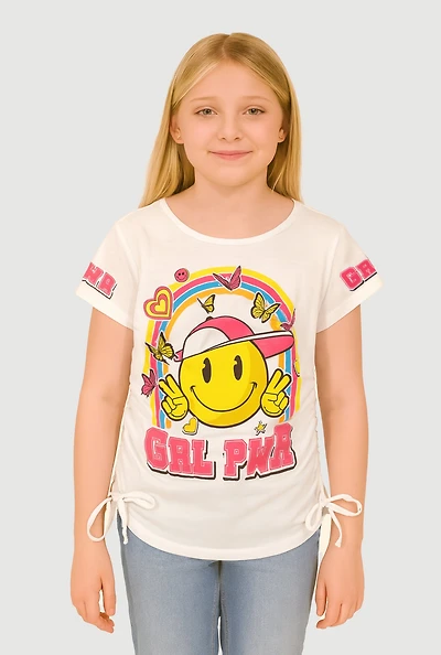 Girls Grl Pwr Ruched Side Graphic Tee, White, Size 10-12