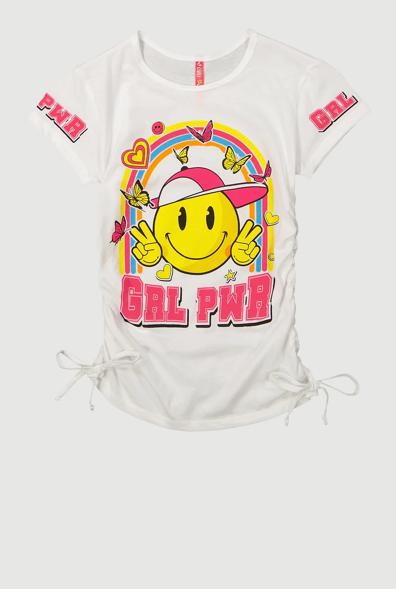 Girls Grl Pwr Ruched Side Graphic Tee, White, Size 10-12