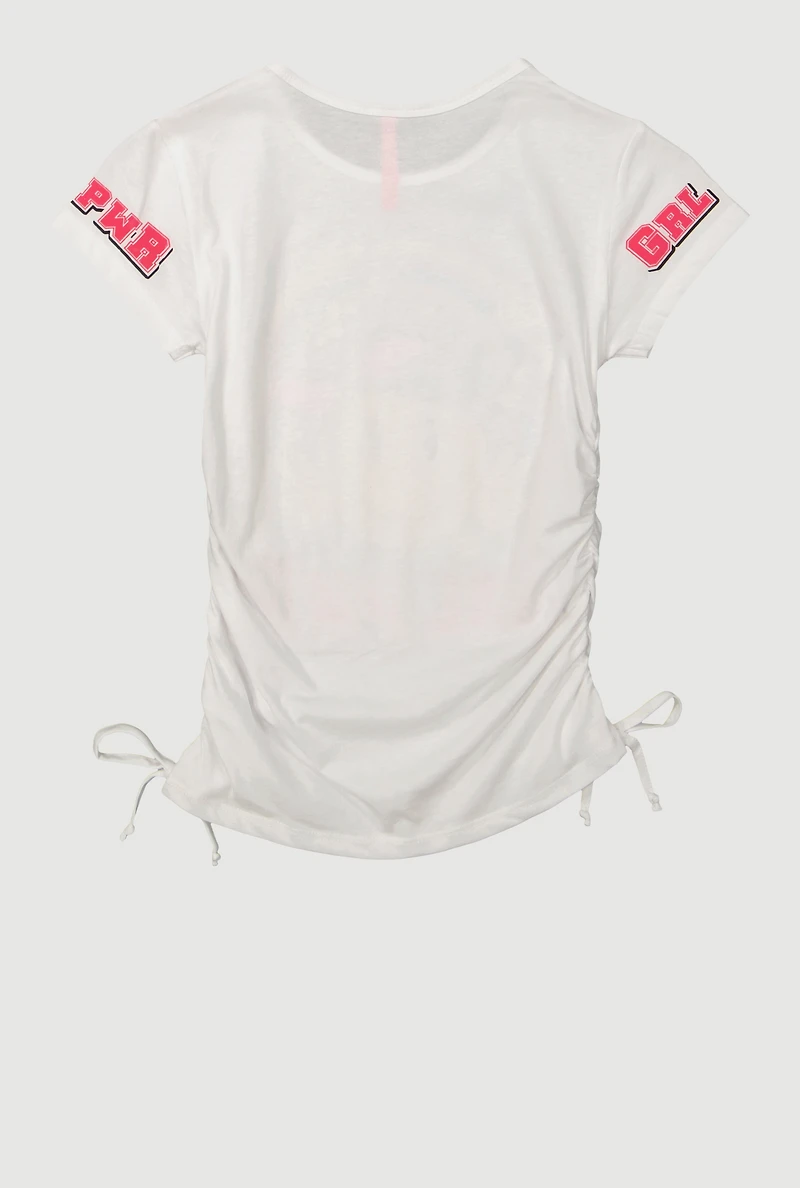 Girls Grl Pwr Ruched Side Graphic Tee, White, Size 10-12