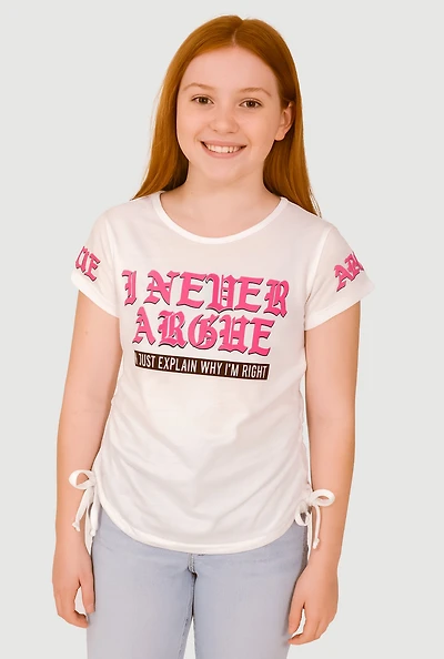 Girls I Never Argue Graphic Ruched Top, White, Size 14-16