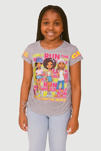 Girls Run The World Ruched Side Graphic Tee, Grey, Size 14-16