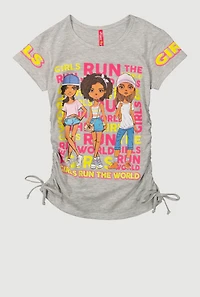 Girls Run The World Ruched Side Graphic Tee, Grey, Size 14-16