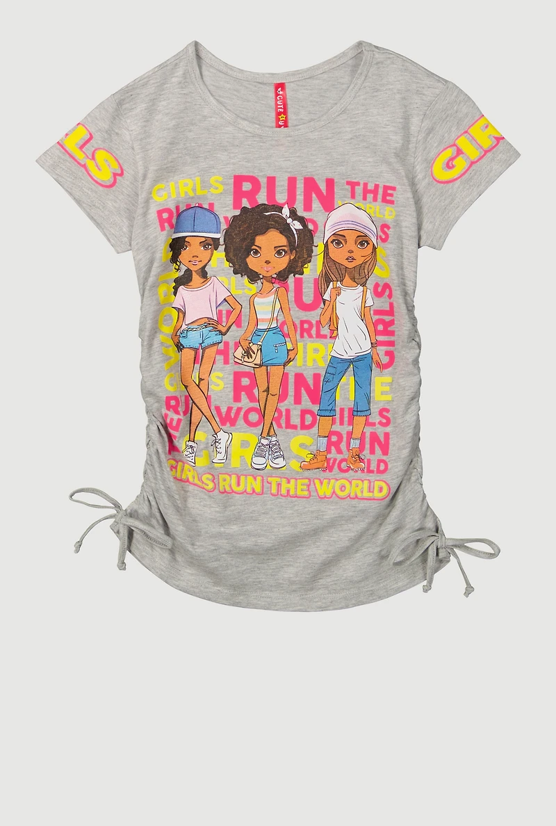 Girls Run The World Ruched Side Graphic Tee, Grey, Size 7-8