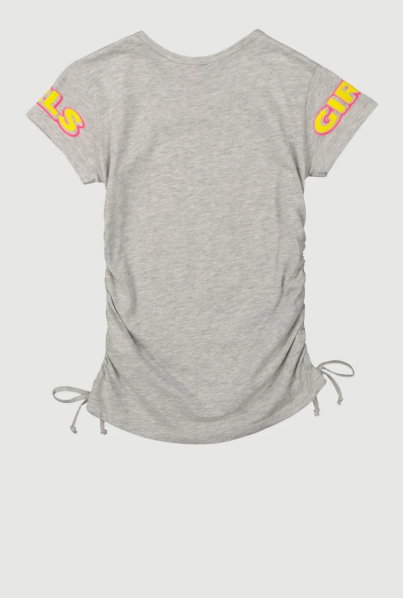 Girls Run The World Ruched Side Graphic Tee, Grey, Size 7-8