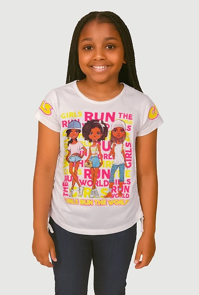Girls Run The World Ruched Side Graphic Tee, White, Size 10-12