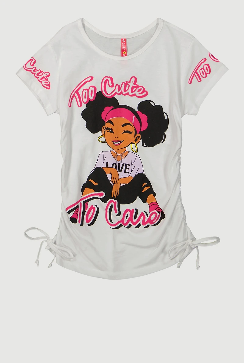 Girls Too Cute To Care Ruched Side Graphic Tee, White,