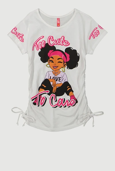 Girls Too Cute To Care Ruched Side Graphic Tee, White,