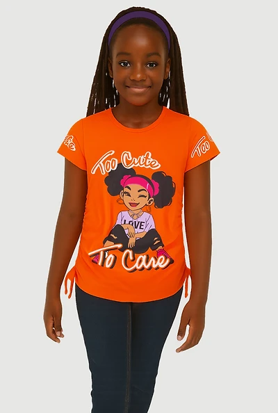 Girls Too Cute To Care Ruched Side Graphic Tee, 7-8