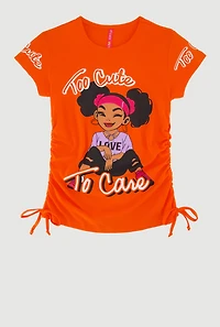 Girls Too Cute To Care Ruched Side Graphic Tee, 7-8