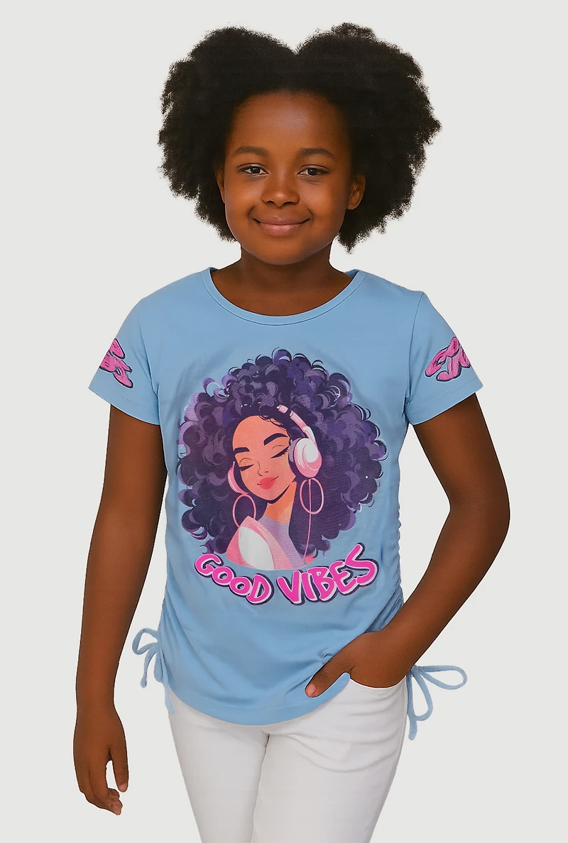 Girls Good Vibes Graphic Ruched Faux Drawstring Tee, Blue, Size 7-8