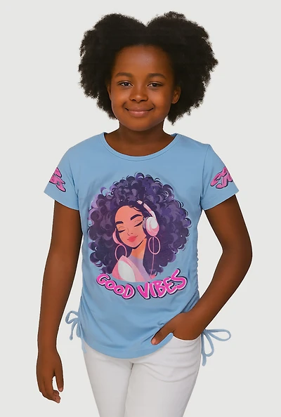 Girls Good Vibes Graphic Ruched Faux Drawstring Tee, Blue, Size 7-8
