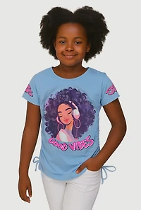 Girls Good Vibes Graphic Ruched Faux Drawstring Tee, Blue, Size 7-8