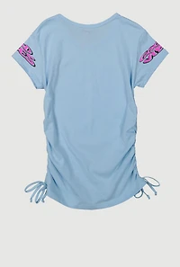 Girls Good Vibes Graphic Ruched Faux Drawstring Tee, Blue, Size 7-8