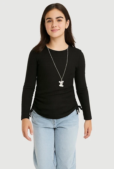 Girls Shadow Stripe Top with Rhinestone Teddy Necklace, Black, Size 7-8